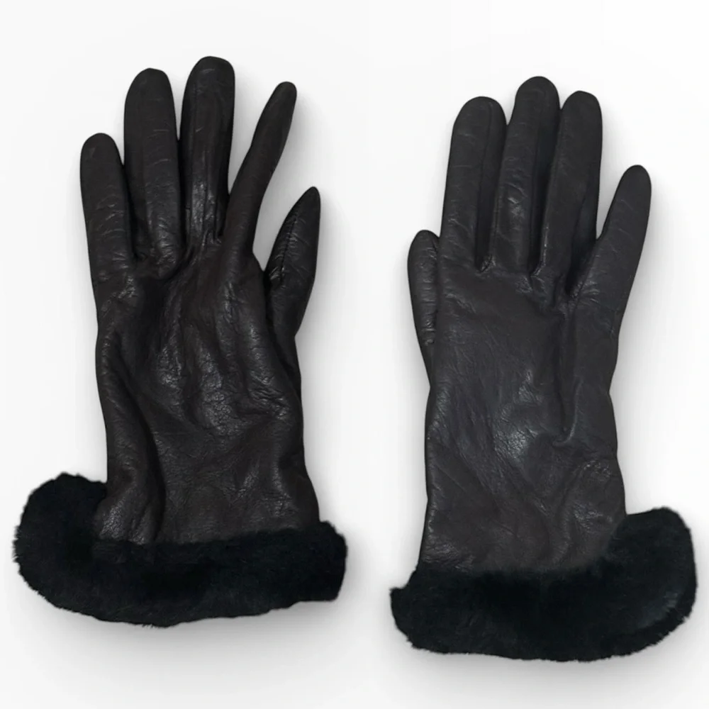 Vintage Leather Gloves Brown with Black Faux Fur Warm Winter Snow Trip Size M